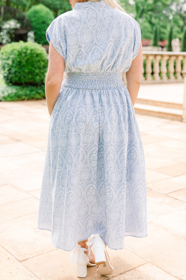 Chic Soul plus size clothing, white embroidered light sky blue midi dress with ruched waist and zipper down the front