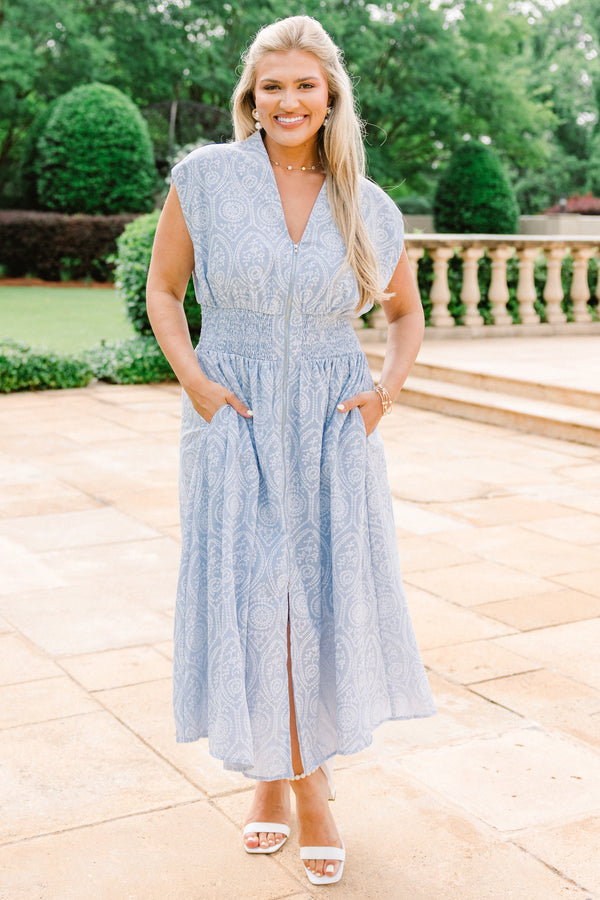 Chic Soul plus size clothing, white embroidered light sky blue midi dress with ruched waist and zipper down the front