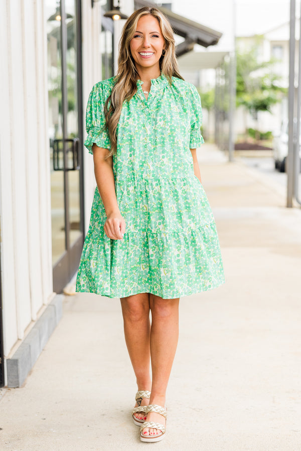 Chic Soul plus size clothing, puffed short sleeve green ruffled baby doll dress with smocked v-neckline and floral green and yellow pattern 