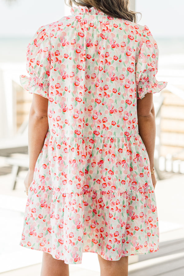 Chic Soul plus size clothing, short-puffed-sleeve pink ruffled baby doll dress with a split-v-neckline and a darker pink and green floral pattern