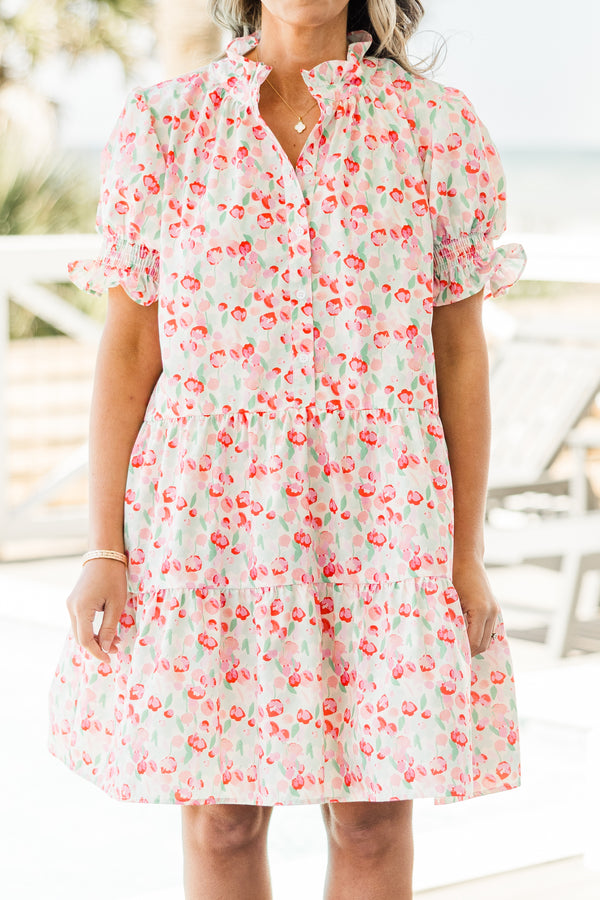 Chic Soul plus size clothing, short-puffed-sleeve pink ruffled baby doll dress with a split-v-neckline and a darker pink and green floral pattern