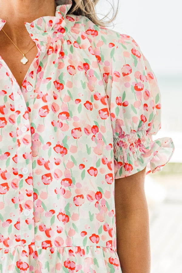 Chic Soul plus size clothing, short-puffed-sleeve pink ruffled baby doll dress with a split-v-neckline and a darker pink and green floral pattern