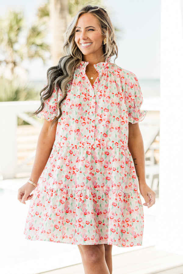Chic Soul plus size clothing, short-puffed-sleeve pink ruffled baby doll dress with a split-v-neckline and a darker pink and green floral pattern