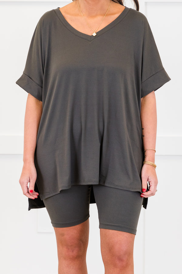Chic Soul plus size clothing, ash grey lounge wear short sleeves top and biker shorts set