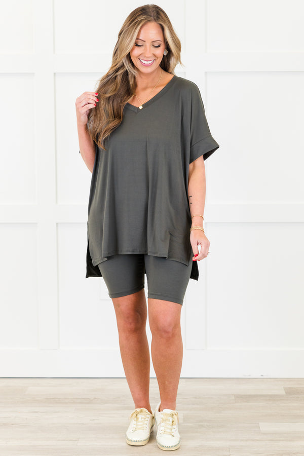 Chic Soul plus size clothing, ash grey lounge wear short sleeves top and biker shorts set