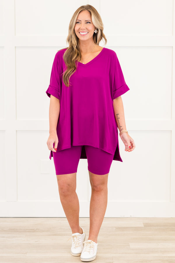 Chic Soul plus size clothing, light plum stretchy shirt and short set