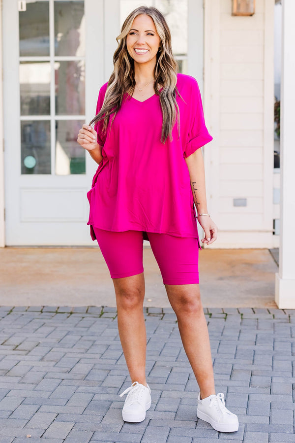 Chic Soul plus size clothing, magenta matching set of v-neckline top and biker shorts