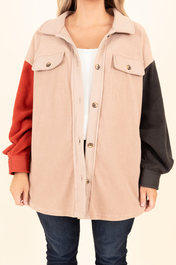 Chic Soul plus size clothing, taupe shacket with red and olive colorblock sleeves