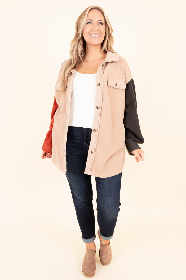 Chic Soul plus size clothing, taupe shacket with red and olive colorblock sleeves
