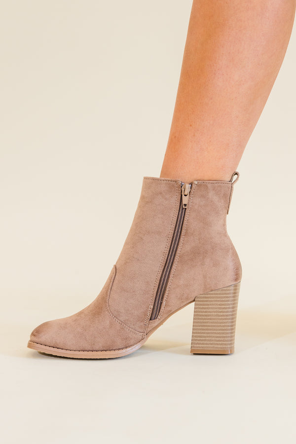 Chic Soul plus size clothing, taupe heeled ankle booties with zipper on the side and taupe stitching