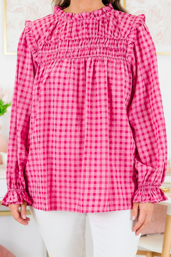 Chic Soul plus size clothing, pink-fuchsia checkered print top with ruffle detail on neckline and shoulders with cuff sleeves and ruching along chest