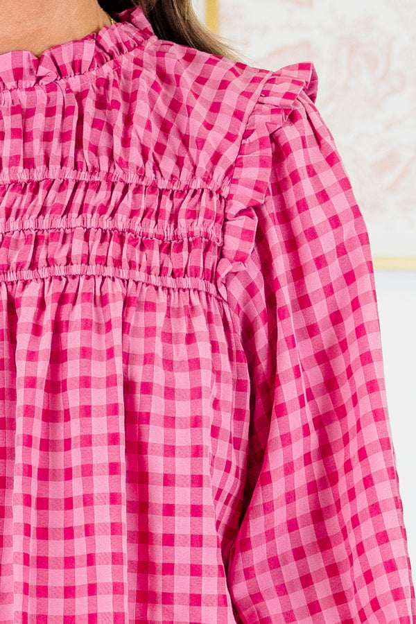 Chic Soul plus size clothing, pink-fuchsia checkered print top with ruffle detail on neckline and shoulders with cuff sleeves and ruching along chest