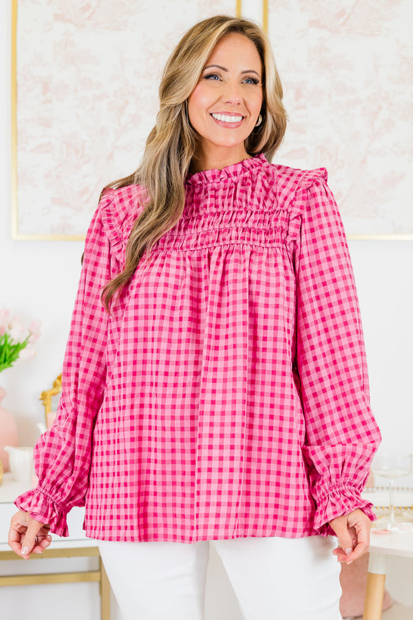 Chic Soul plus size clothing, pink-fuchsia checkered print top with ruffle detail on neckline and shoulders with cuff sleeves and ruching along chest