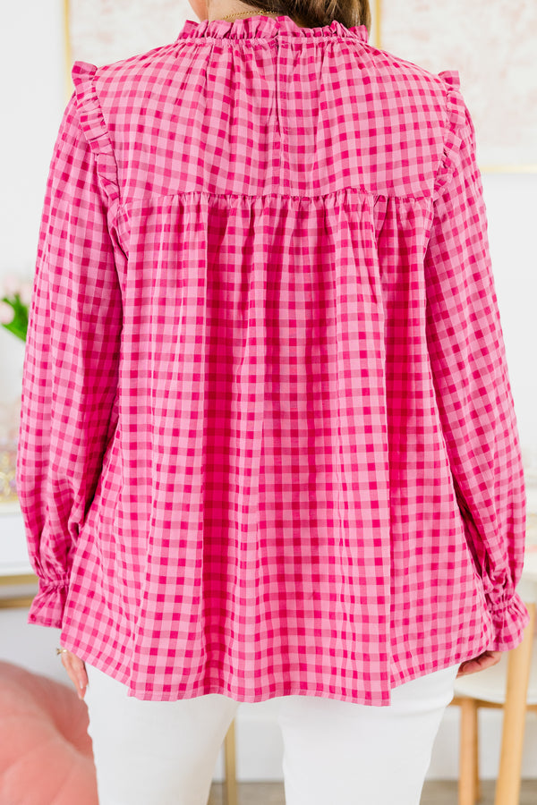 Chic Soul plus size clothing, pink-fuchsia checkered print top with ruffle detail on neckline and shoulders with cuff sleeves and ruching along chest