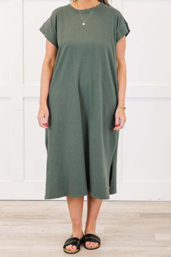 Chic Soul plus size clothing, ash jade short sleeve t-shirt dress with cuff sleeves and round neckline midi length with slits on the side