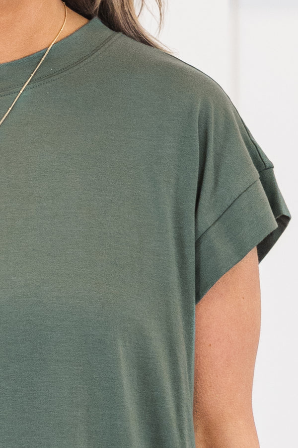 Chic Soul plus size clothing, ash jade short sleeve t-shirt dress with cuff sleeves and round neckline midi length with slits on the side