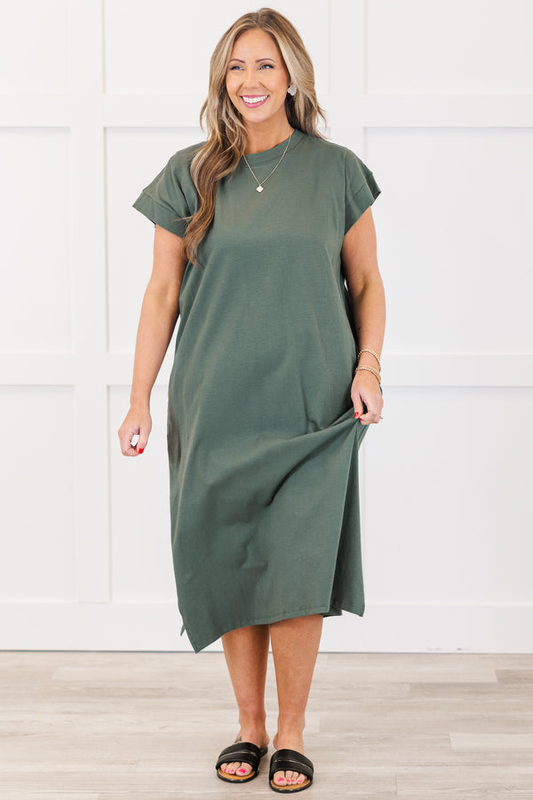 Chic Soul plus size clothing, ash jade short sleeve t-shirt dress with cuff sleeves and round neckline midi length with slits on the side