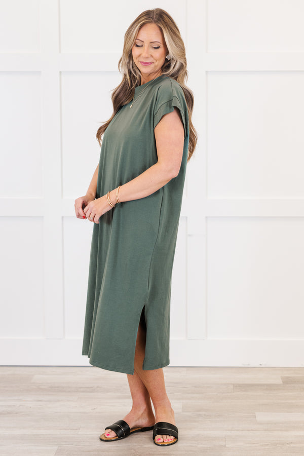 Chic Soul plus size clothing, ash jade short sleeve t-shirt dress with cuff sleeves and round neckline midi length with slits on the side