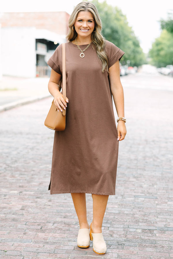 Plus Size brown short-sleeve t-shirt dress with a crew neckline and side slits.