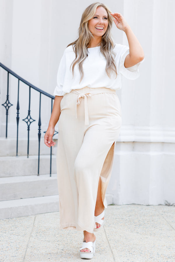 Chic Soul plus size clothing, oatmeal flowy pants with slits on both sides and tie at waist