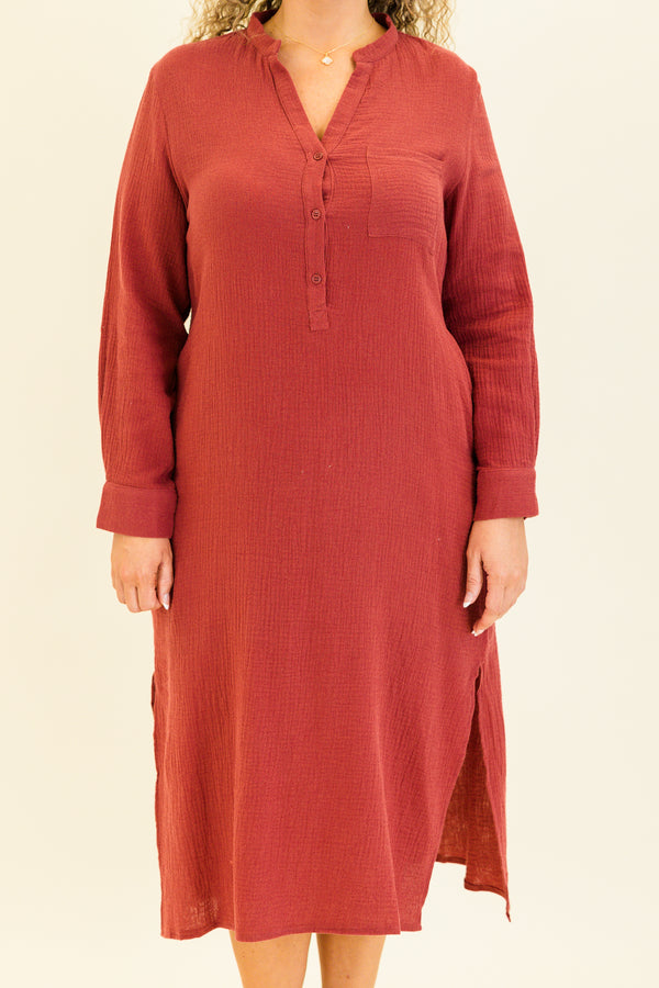 Chic Soul plus size clothing, burgundy gauzy material long sleeve maxi dress with button up collar detail with chest pocket and slits on each side