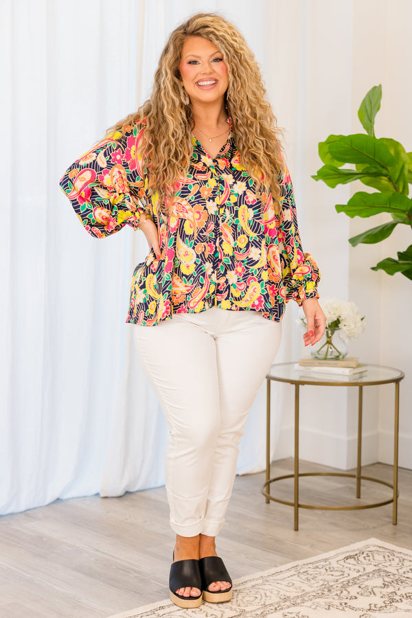 Chic Soul plus size clothing, long sleeve lime floral patterned top with v-neckline 