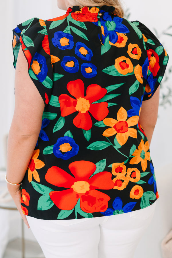 Chic Soul plus size clothing, black short sleeve top with ruffle sleeves and large floral print