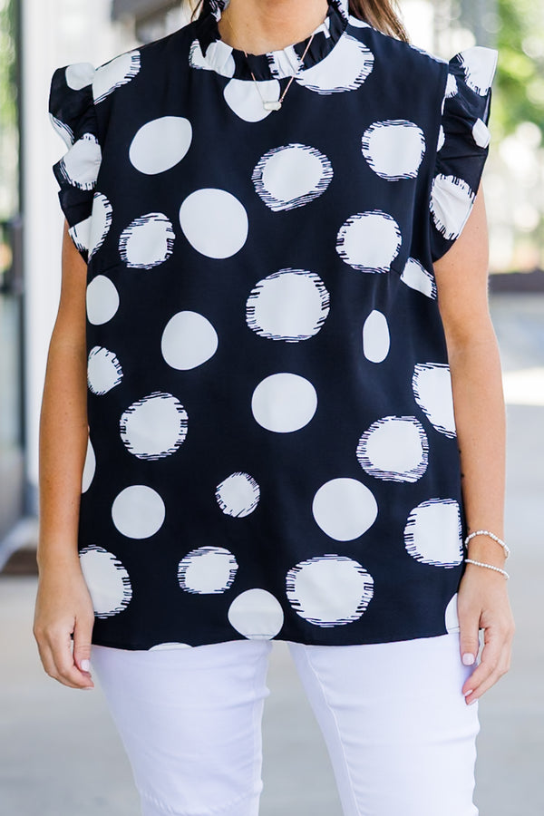 Chic Soul plus size clothing, black short sleeve top with white dotted print with flare on sleeves