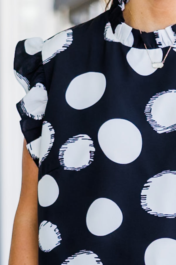 Chic Soul plus size clothing, black short sleeve top with white dotted print with flare on sleeves