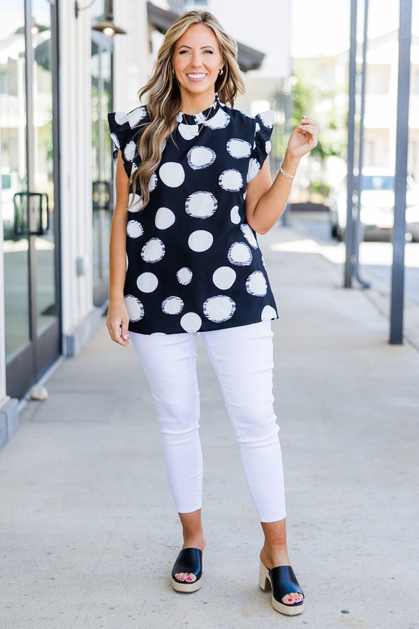 Chic Soul plus size clothing, black short sleeve top with white dotted print with flare on sleeves