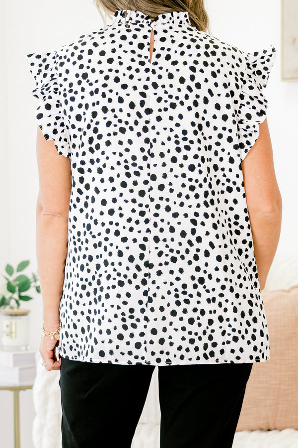 Chic Soul plus size clothing, white short-flutter sleeve pleated mock neckline blouse with black dot print