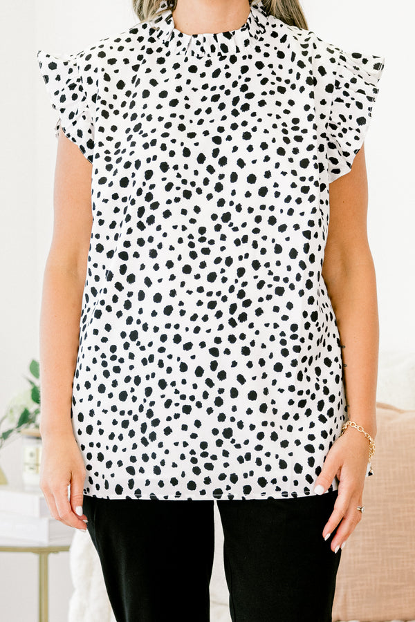 Chic Soul plus size clothing, white short-flutter sleeve pleated mock neckline blouse with black dot print