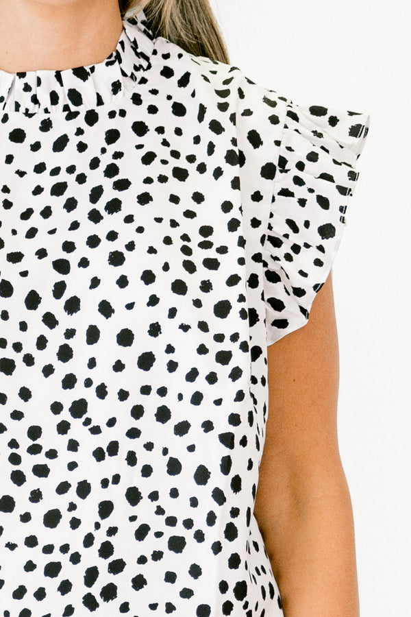 Chic Soul plus size clothing, white short-flutter sleeve pleated mock neckline blouse with black dot print