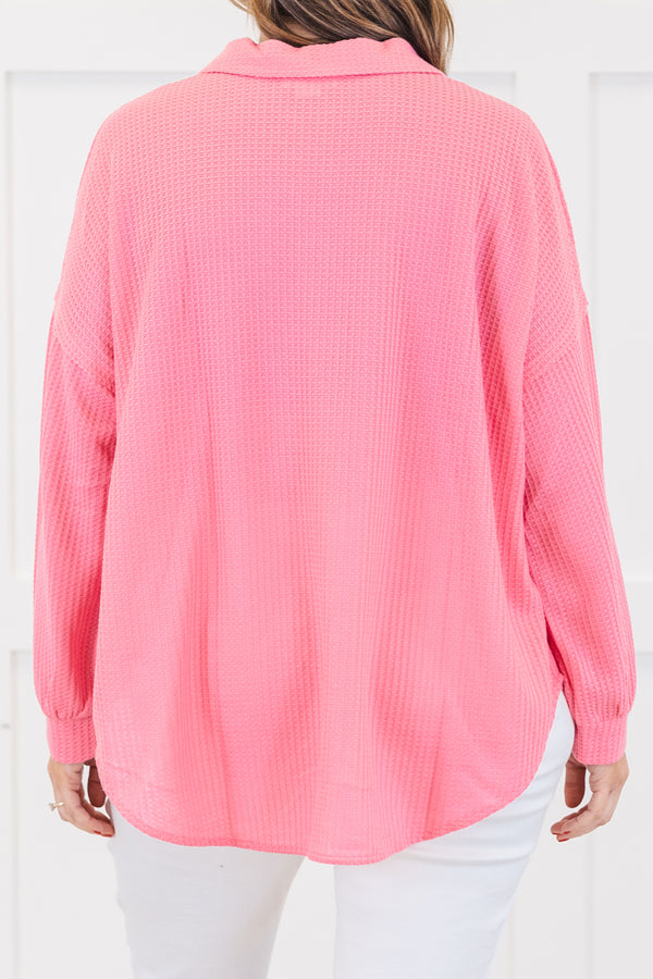 Chic Soul plus size clothing, long-sleeve pink waffle knit collared top with tortoise button detailing down the front and a pocket on the bodice 