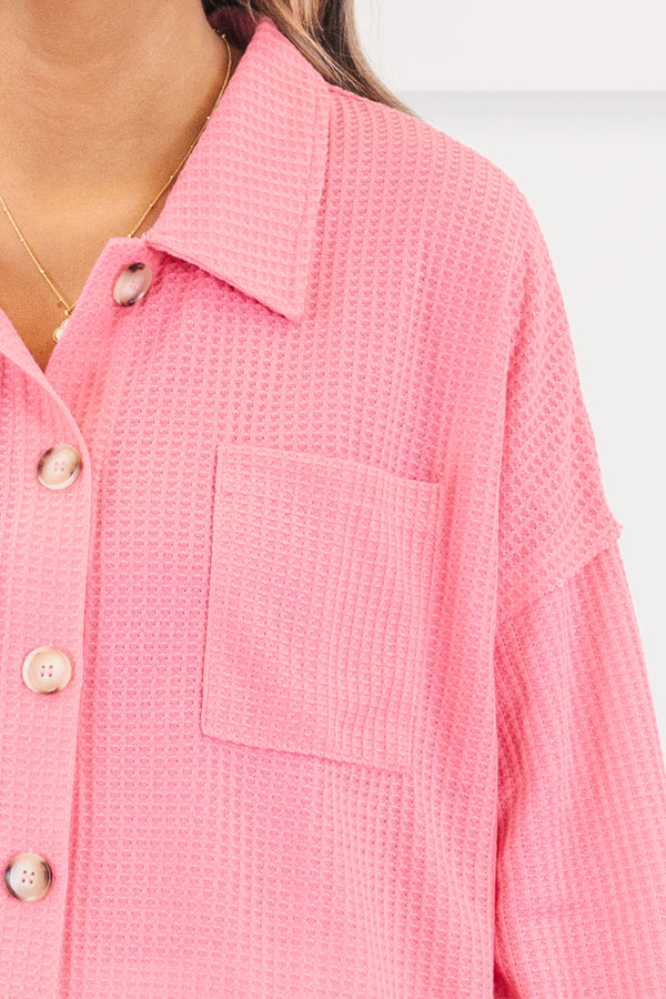 Chic Soul plus size clothing, long-sleeve pink waffle knit collared top with tortoise button detailing down the front and a pocket on the bodice 
