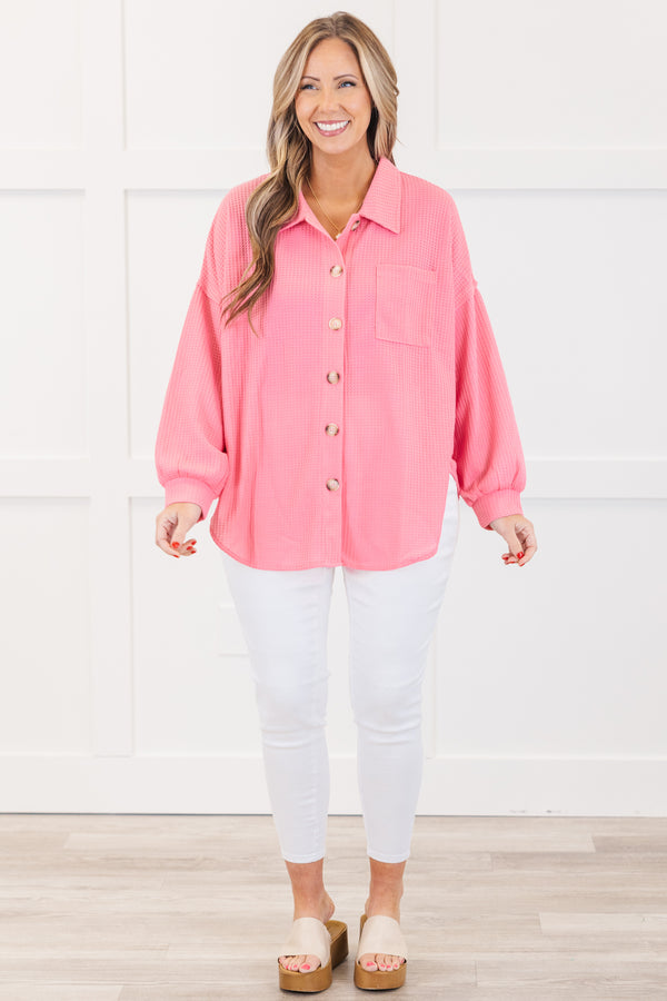 Chic Soul plus size clothing, long-sleeve pink waffle knit collared top with tortoise button detailing down the front and a pocket on the bodice 