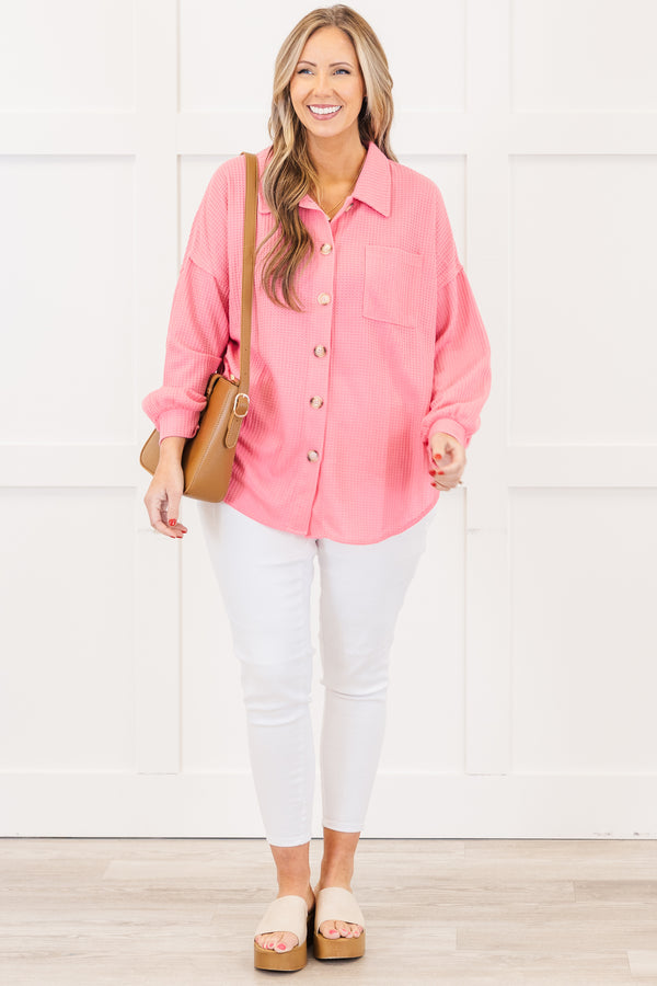 Chic Soul plus size clothing, long-sleeve pink waffle knit collared top with tortoise button detailing down the front and a pocket on the bodice 