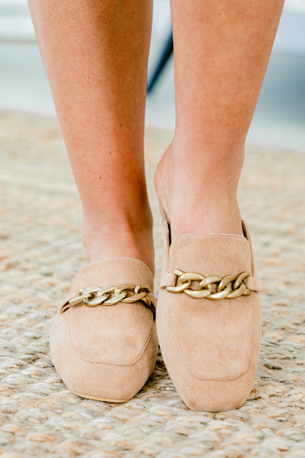 Chic Soul plus size clothing, camel colored faux suede mules with gold chain accent on each shoe