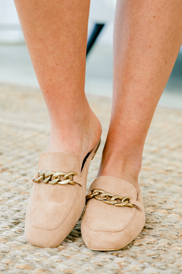 Chic Soul plus size clothing, camel colored faux suede mules with gold chain accent on each shoe