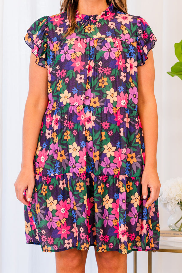 Chic Soul plus size clothing, navy short sleeve dress with multi colored floral pattern and flutter sleeves