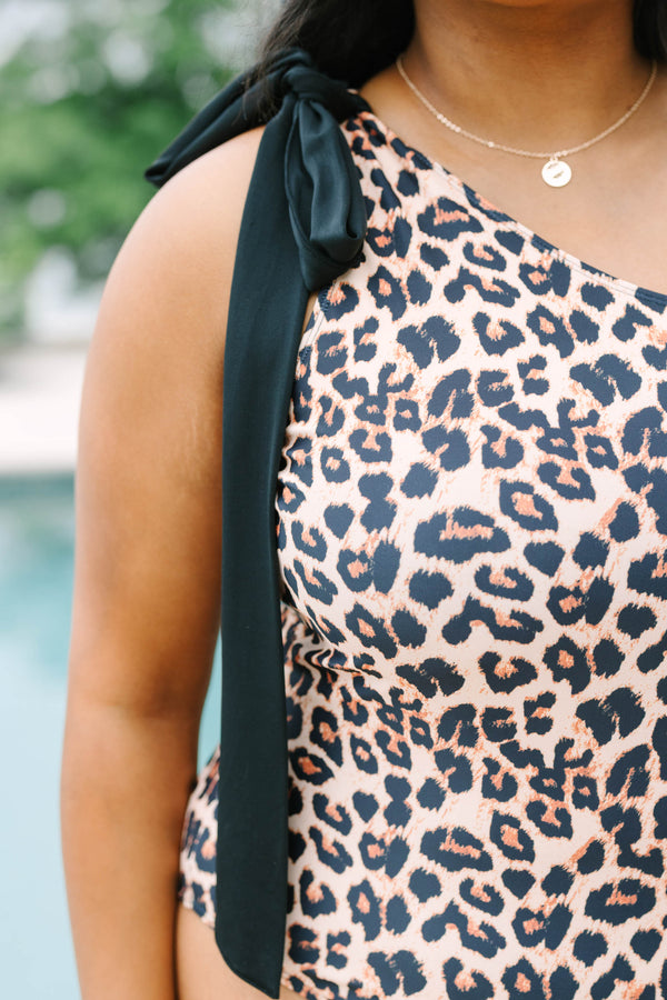 Plus Size leopard print one-piece swimsuit with a one-shoulder neckline and black tie detail.