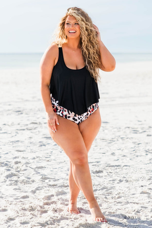 Chic Soul plus size clothing, black flowy tank swim top with scoop neckline and thin straps