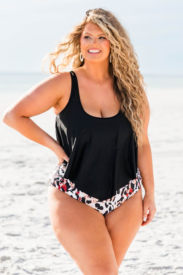 Chic Soul plus size clothing, black flowy tank swim top with scoop neckline and thin straps