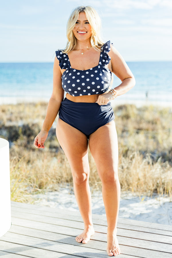 Chic Soul plus size clothing, Navy high waisted swim bottoms with cinched detail on sides