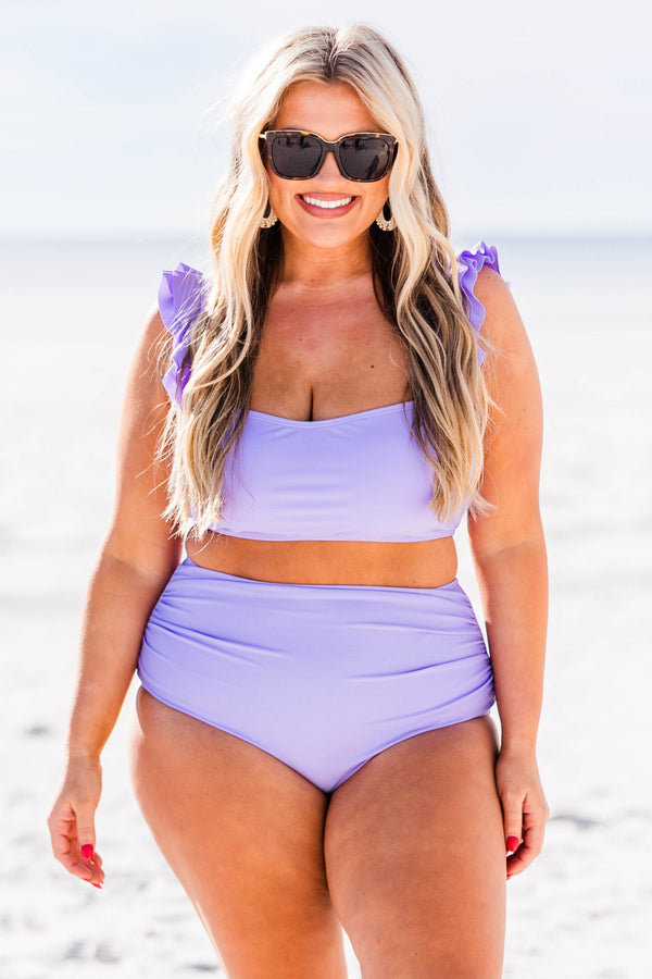 Chic Soul plus size clothing, lavender bikini top with ruffle straps