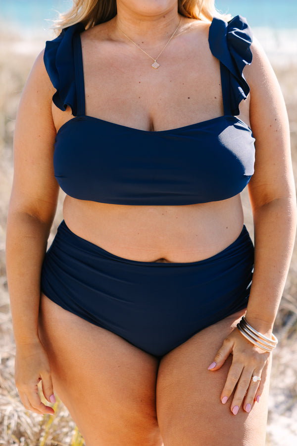 Chic Soul plus size clothing, navy square top ruffle strap swim top
