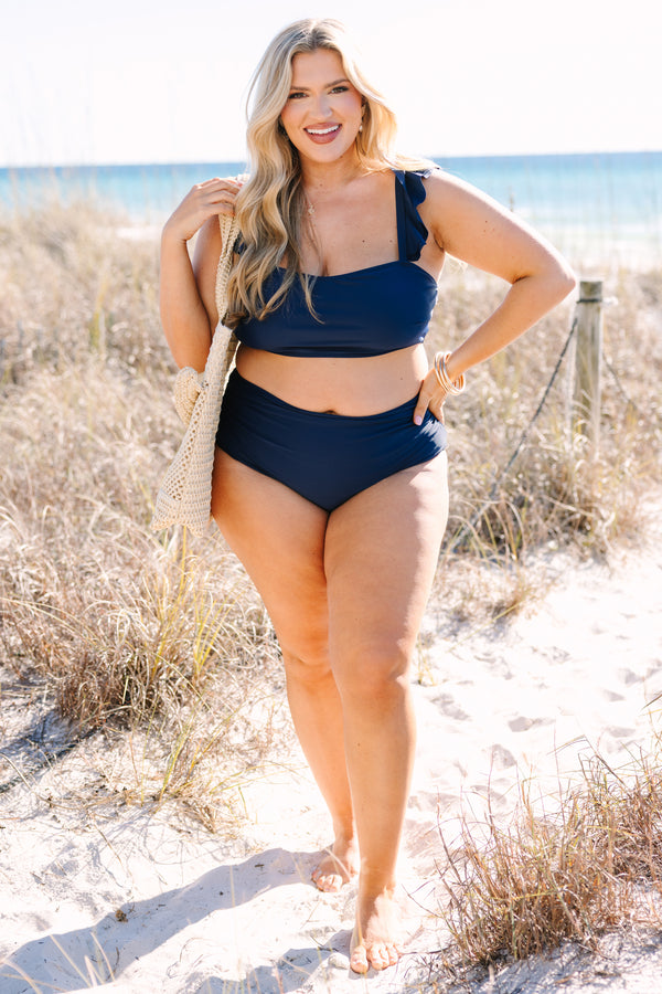Chic Soul plus size clothing, navy square top ruffle strap swim top
