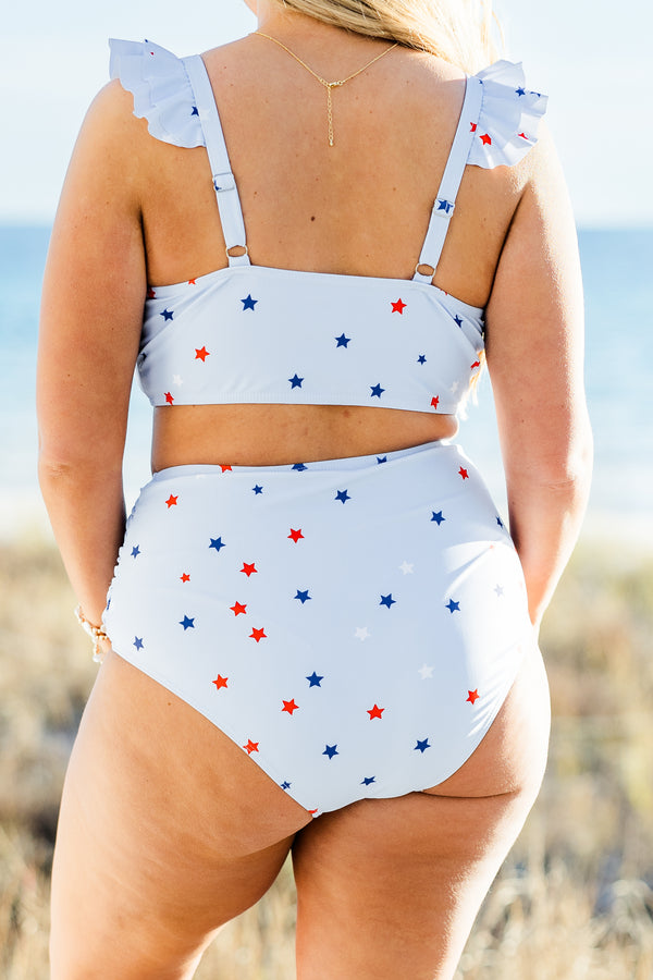 Chic Soul plus size clothing, light blue swimsuit bottom with blue and red star pattern