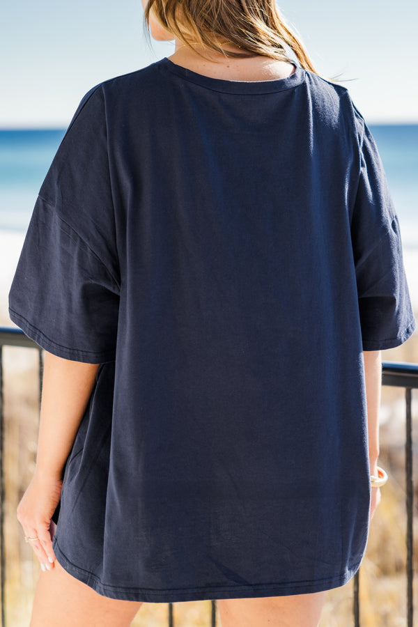Chic Soul Plus Size Clothing, midnight navy blue short sleeve boyfriend tee with text 
