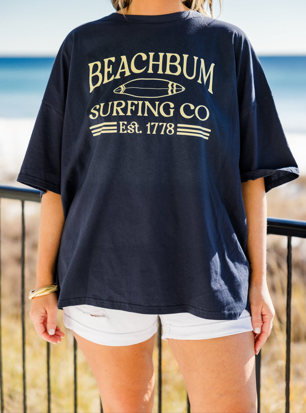 Chic Soul Plus Size Clothing, midnight navy blue short sleeve boyfriend tee with text 